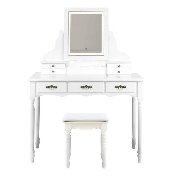 VEIKOUS 2-Piece 7-Drawers White LED Vanity Set Makeup Dressing Table with Cushioned Stool