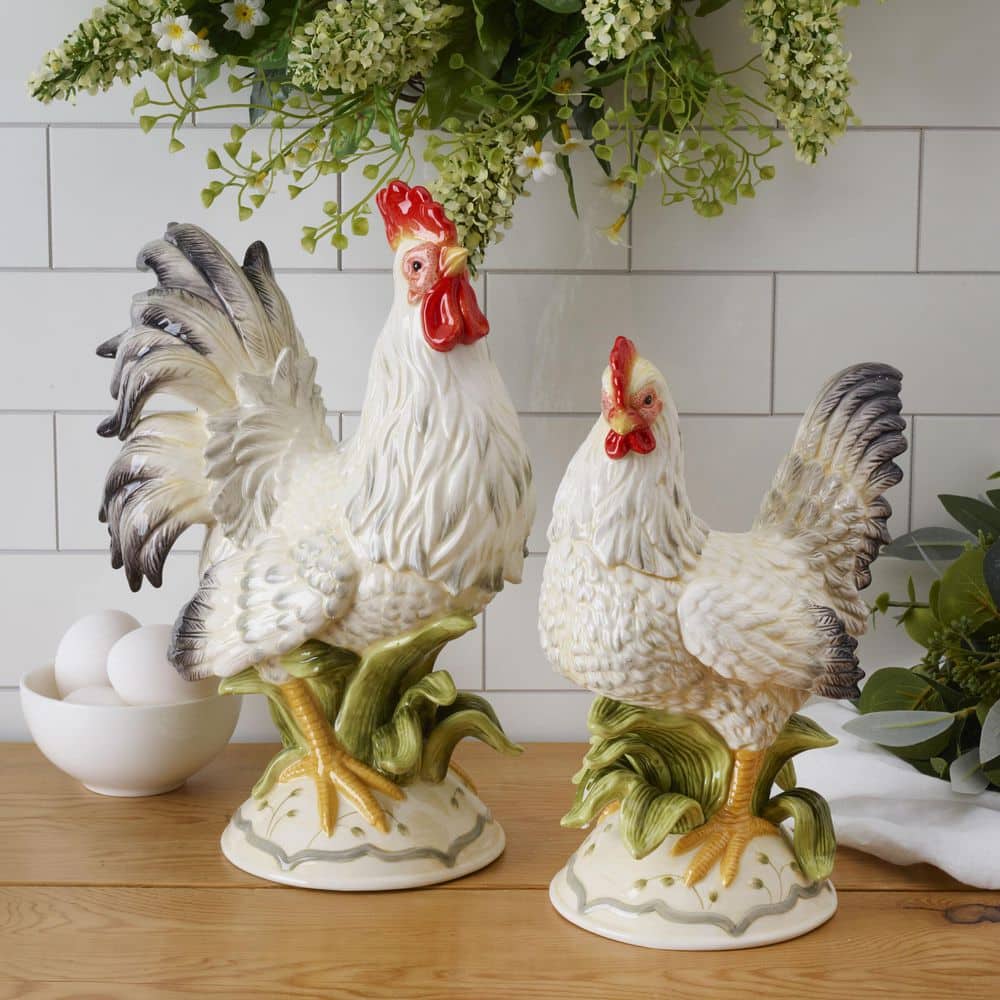 Hand-Painted Ceramic Rooster & Hen Figurine Set