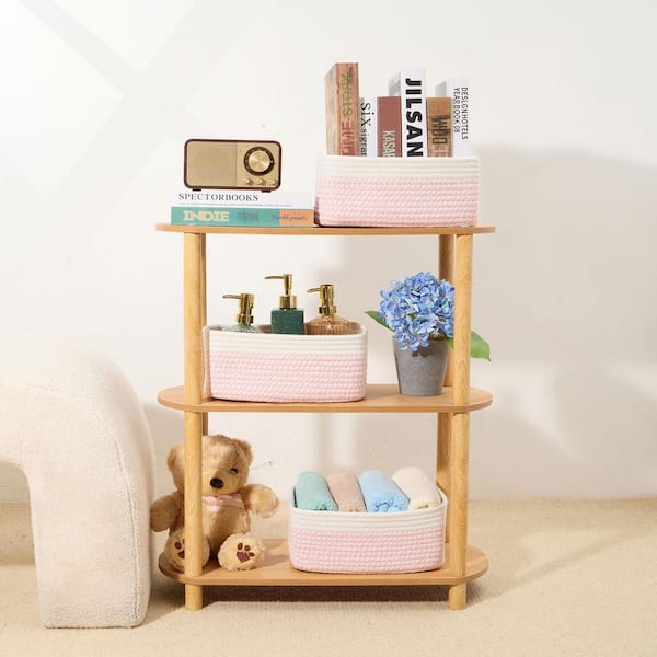 3-Piece 11.5 in. W x 7.5 in. D x 4.7 in. H Pink Woven Rope Small Storage Baskets for Countertop Organizing