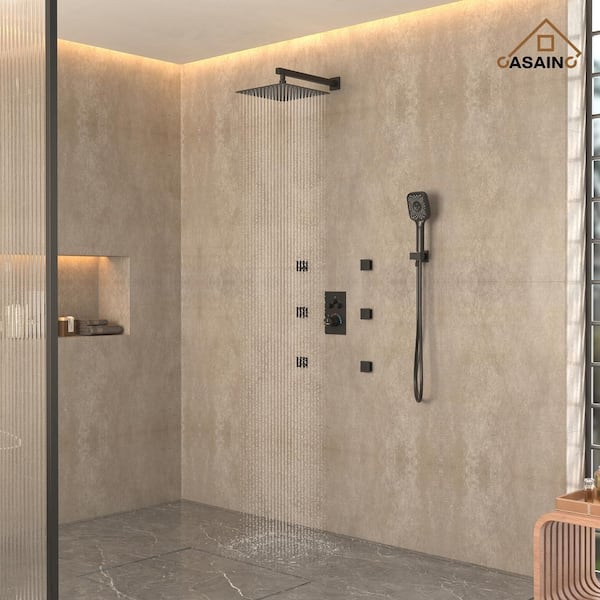 6-Spray Thermostatic Dual Shower Heads 12 in. Wall Mount Fixed and Handheld Shower Head 6-Jets, 2.5 GPM in Matte Black