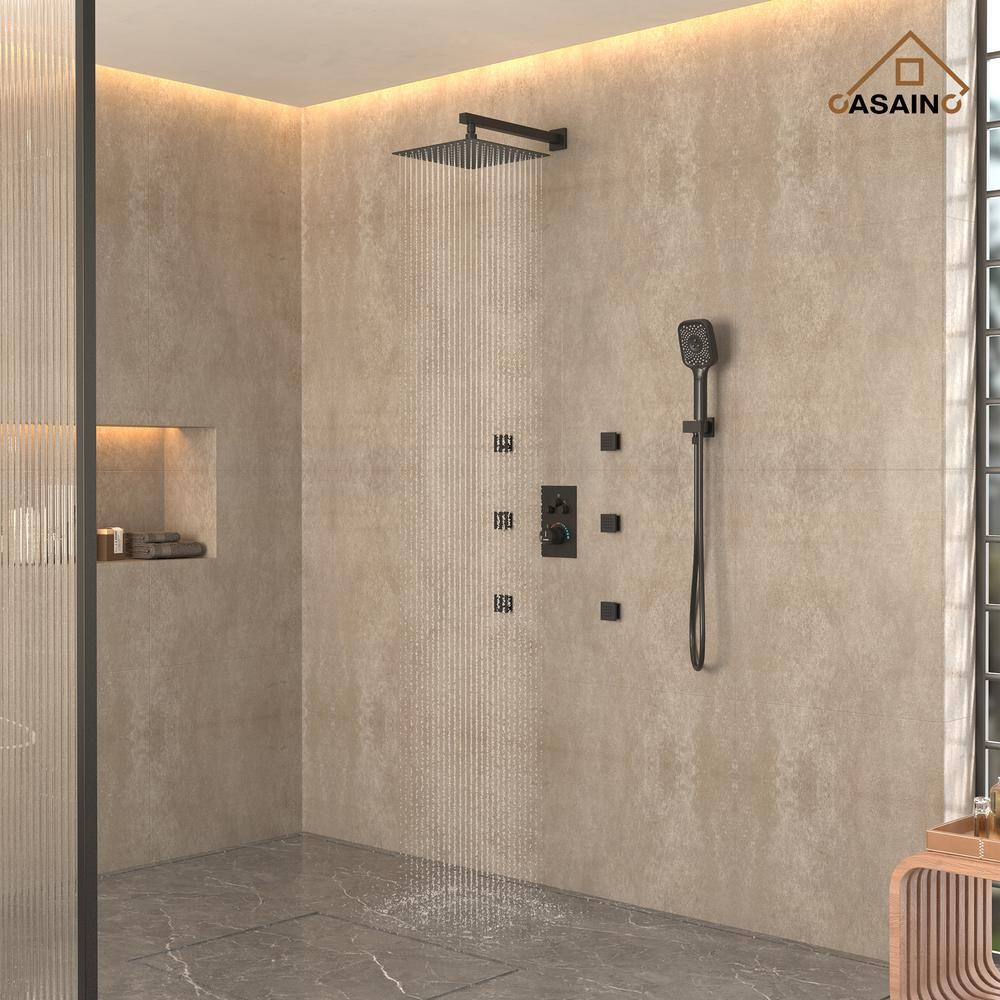 Matte Black 12-Inch Stainless Steel Multi-Head Wall Mounted Shower System