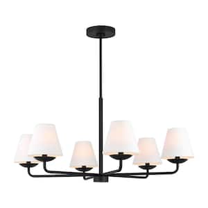 Albion 6-Light Midnight Black Large Chandelier with White Linen Fabric Shades and No Bulbs Included