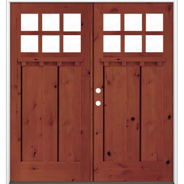 72 in. x 80 in. Knotty Alder Right-Hand/Inswing Double DS 6-Lite Clear Glass Amaretto Wood Prehung Front Door