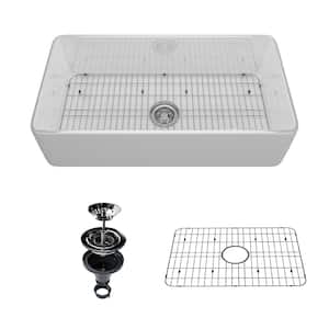 36 in. Undermount Farmhouse Single Bowl White Fine Fireclay Workstation Kitchen Sink Whth Accessories