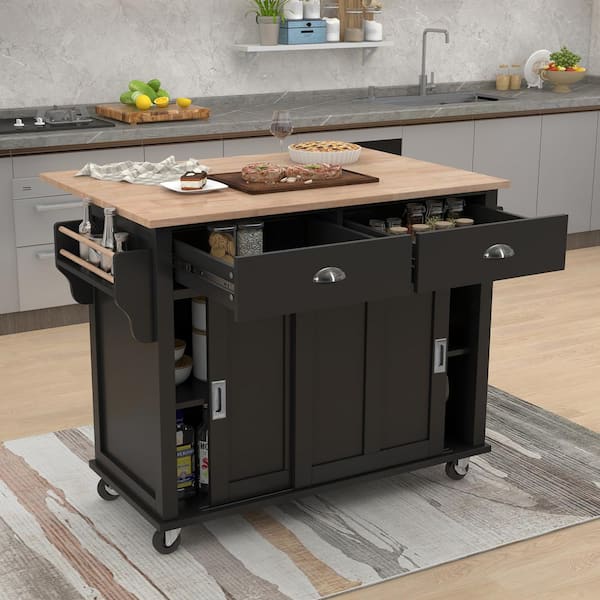 Cesicia Black Rubberwood Drop-Leaf Countertop 52.2 in. Kitchen Island Cart Sliding Barn Door with Storage Cabinet and 2-Drawer