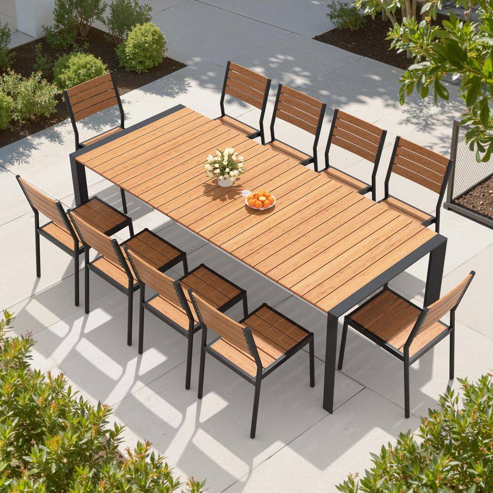 11-Piece Aluminum Outdoor Dining Set with WPC 95.08 in. Dining Table and 10 Stackable Dining Chair in Brown for Patio price history on PriceWatchPro