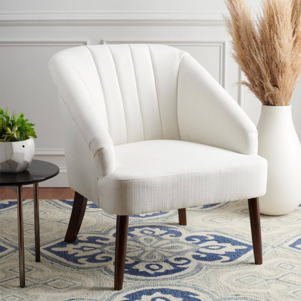 Sleek White Velvet Accent Chair with Walnut Flared Legs