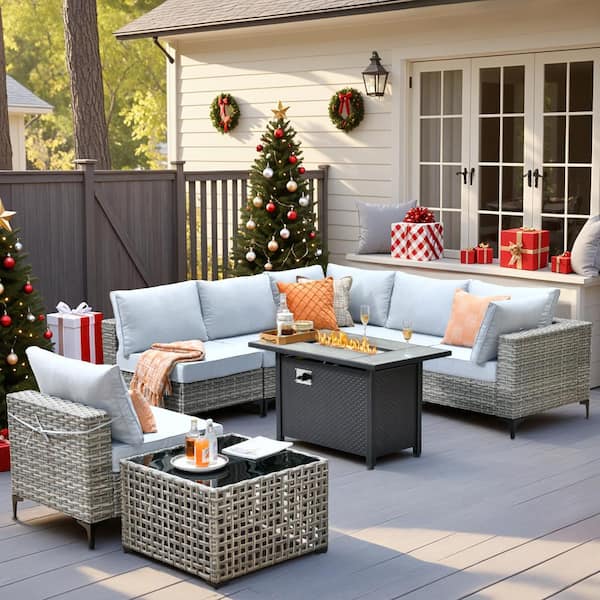 Howell 8-Piece Wicker Outdoor Patio Conversation Sofa Furniture Set with a Metal Fire Pit and Light Grey Cushions