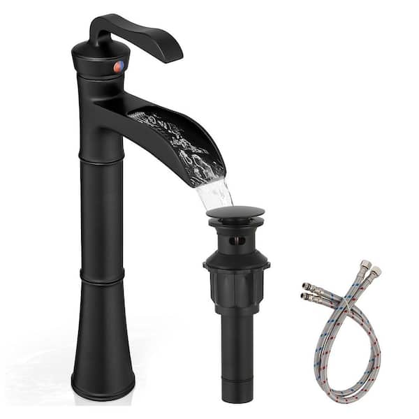 Single Handle Waterfall Bathroom Vessel Sink Faucet in Matte Black with Pop-Up Drain and Pre-Installed Hoses