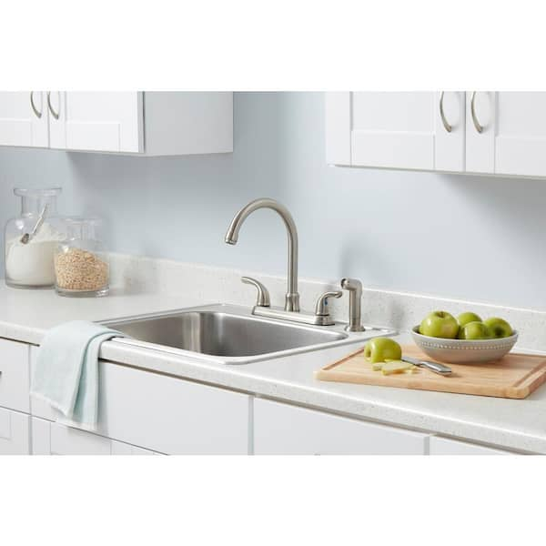 Builders Double Handle Standard Kitchen Faucet with Side Sprayer in Stainless Steel