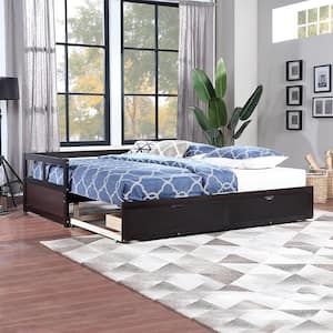 Extendable Twin Espresso Daybed with Trundle Wood Daybed with Pull Out Trundle and 2-Drawers, Twin to King Daybed Frame