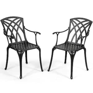 Durable Cast Aluminum Outdoor Dining Chair with Armrest in Black (Set of 2)