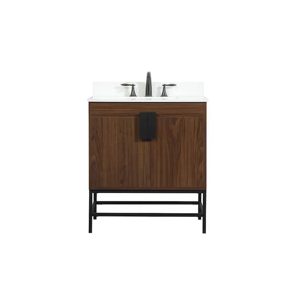 Unbranded Simply Living 30 in. W x 19 in. D x 33.5 in. H Bath Vanity in Walnut with Ivory White Engineered Marble Top
