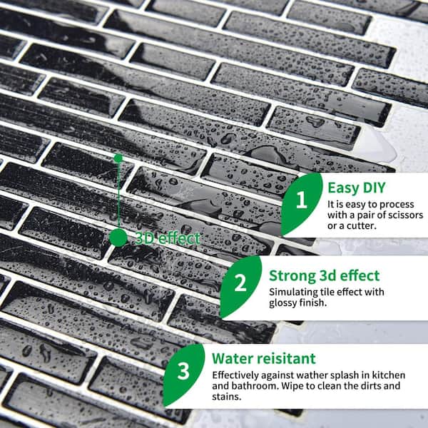 Strip Black 12 in. x 12 in. Vinyl Peel and Stick Tile Backsplash (8.6 sq.ft./10 Sheets)