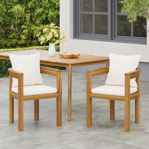 CHRISTOPHER KNIGHT HOME Calypso Patio Solid Wood Outdoor Dining Chairs with Beige Cushions, Teak Finish