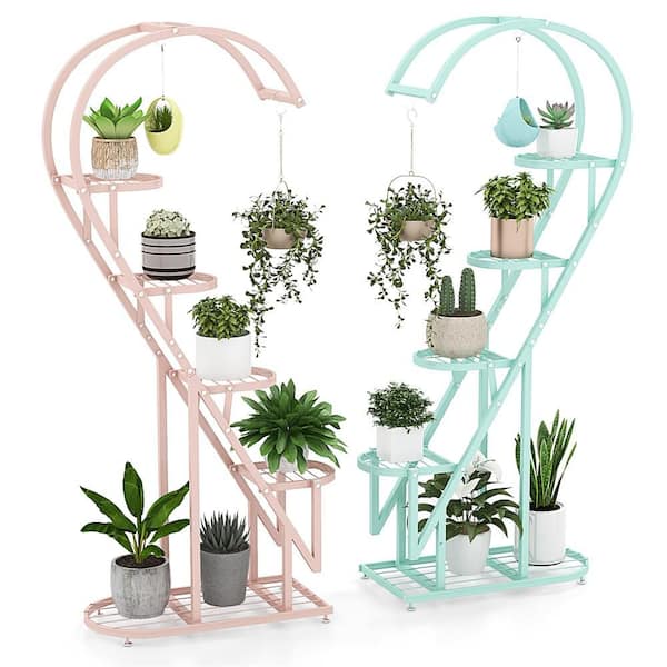 58in. H x27 in. W x 12 in. D Indoor Blue 5-Tier Metal Plant Stand, Heart-shaped Plant Shelf Tiered with 4 Hanging Hooks