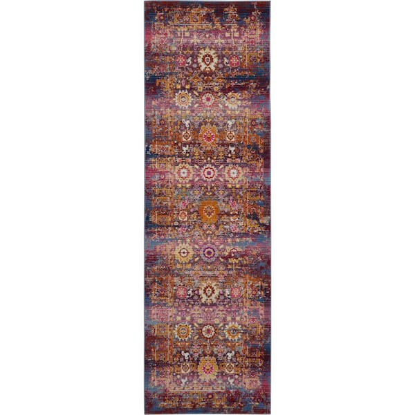 2 ft. x 6 ft. Blue Floral Washable Area Rug