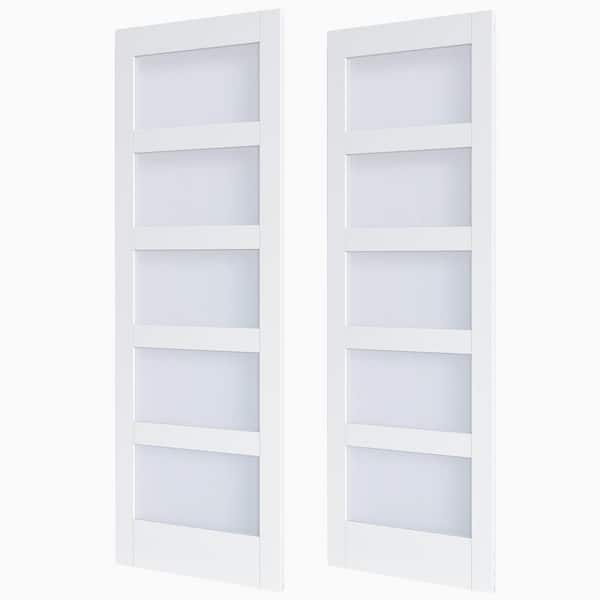 52 in. x 84 in. Double 26 in. Frosted Glass White Finished Solid Core MDF Wood Sliding Barn Door with Hardware Kit