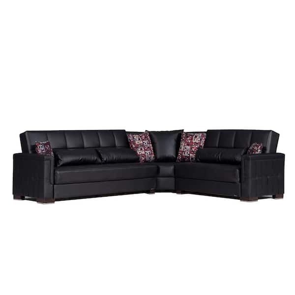 Ottomanson Basics Pro Collection 3-Piece 108.7 in. Faux Leather Convertible Sofa Bed Sectional 6-Seater With Storage, Black