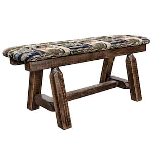 Homestead Collection 18 in. H Brown Wooden Bench with Woodland Pattern Upholstered Seat, 45 in. Length