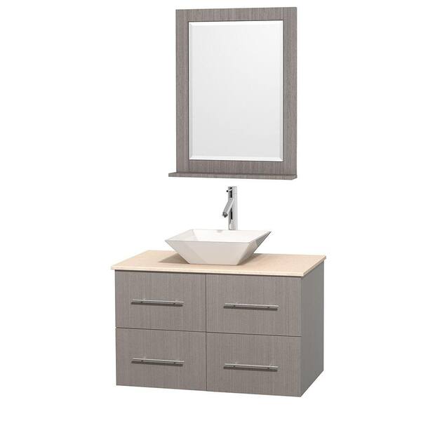 Wyndham Collection Centra 36 in. Vanity in Gray Oak with Marble Vanity Top in Ivory, Porcelain Sink and 24 in. Mirror