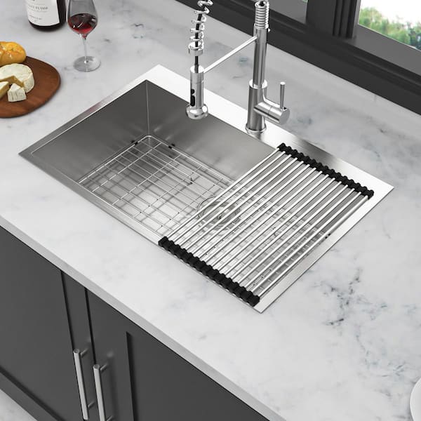 33 in. Drop-in Single Bowl 16-Gauge Brushed Nickel Stainless Steel Kitchen Sink with Bottom Grids