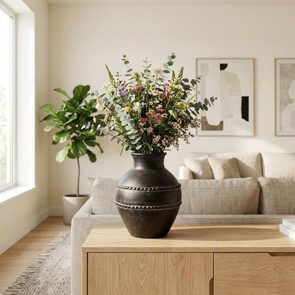 Liv & Skye 14 in. Black Ceramic Round Traditional Decorative Vase