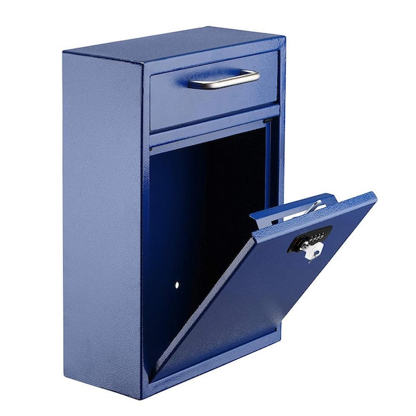 Blue Large Drop Box Wall Mounted Locking Mail Box with Key and Combination lock