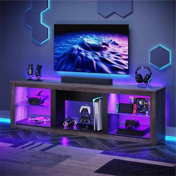 70 in. Wash Grey TV Stand Fits TV's up to 75 in. with Tempered Glass Shelves LED Lights and Large Open Storage