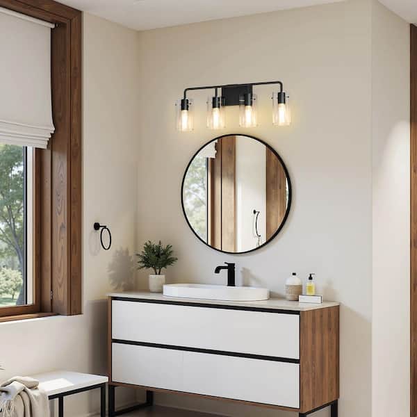 26 in. Industrial 4-Light Matte Black Farmhouse Vanity Light with Glass Shades for Bathroom