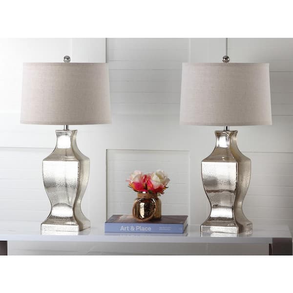 Glass Bottom 28.5 in. Antique Silver Urn Table Lamp with Wheat Shade (Set of 2)