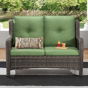 Brown Wicker Outdoor Patio Loveseat 2-Seat Sofa Couch with Green Cushions