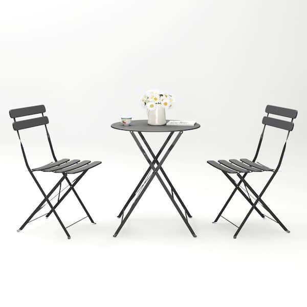 3 Piece Gray Metal Patio Outdoor Bistro Set with Cushions Balcony Metail Chair Table Set