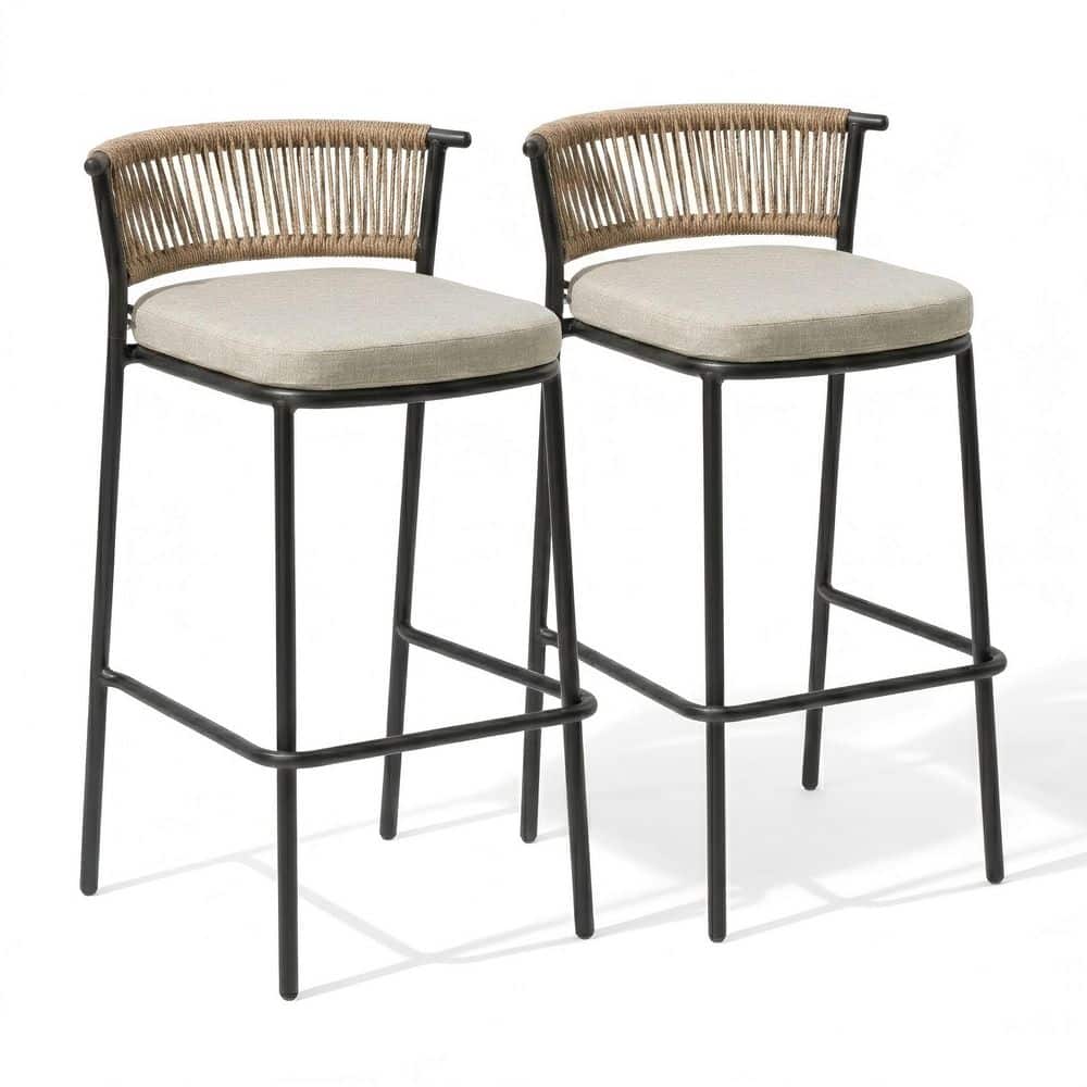 "2-Pack Metal Outdoor Bar Stool 500 lbs Capacity Bar Stool with Cushion in Beige 29.1"" Seat Height Woven Rattan Backrest" price history on PriceWatchPro