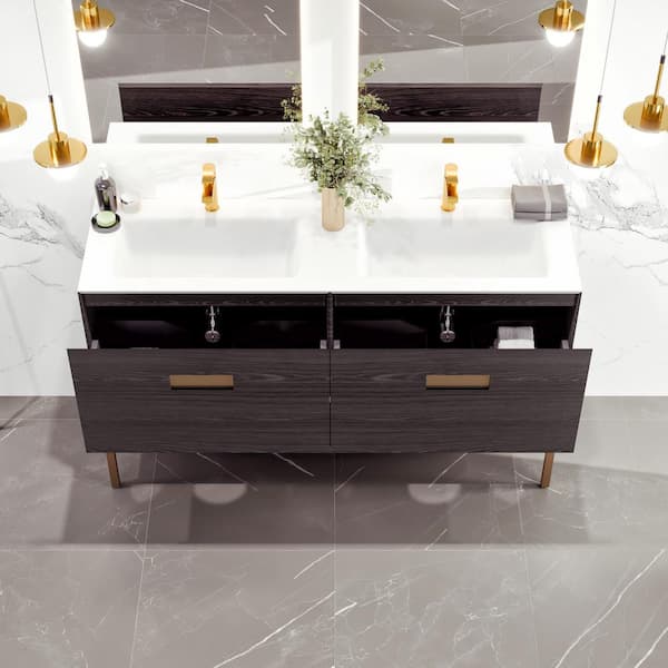 Eviva Iris 59 in. W. x 22 in. D x 33.5 in. H Gray Oak Freestanding Double Bath Vanity with White Solid Surface Integrated Top
