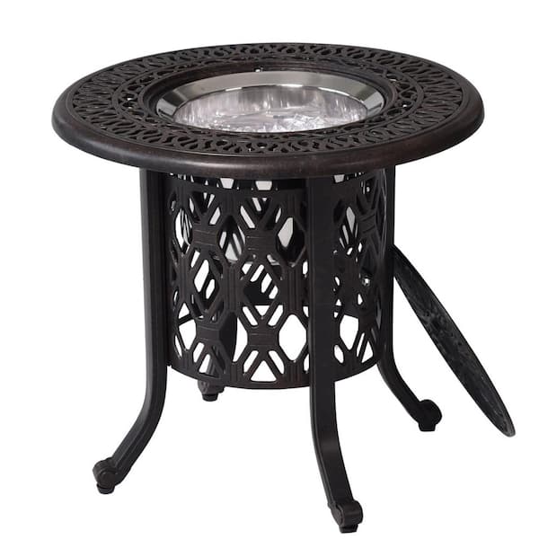 Angel Sar Black Round Cast Aluminum Outdoor Bistro Table with Food Grade 304 Stainless Steel Ice Bucket