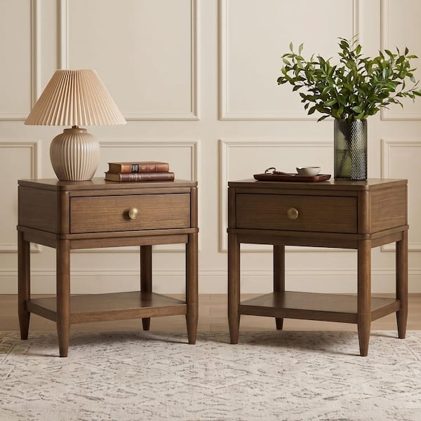 Issac 22.4 in. Walnut Rectangle Wood End Table with Storage (Set of 2)
