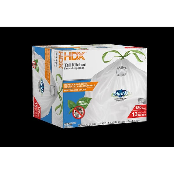 HDX 180-Count 13 Gal. Tall Mint Scented Kitchen Trash Bags with FlexPro and Rodent Repellent (White)