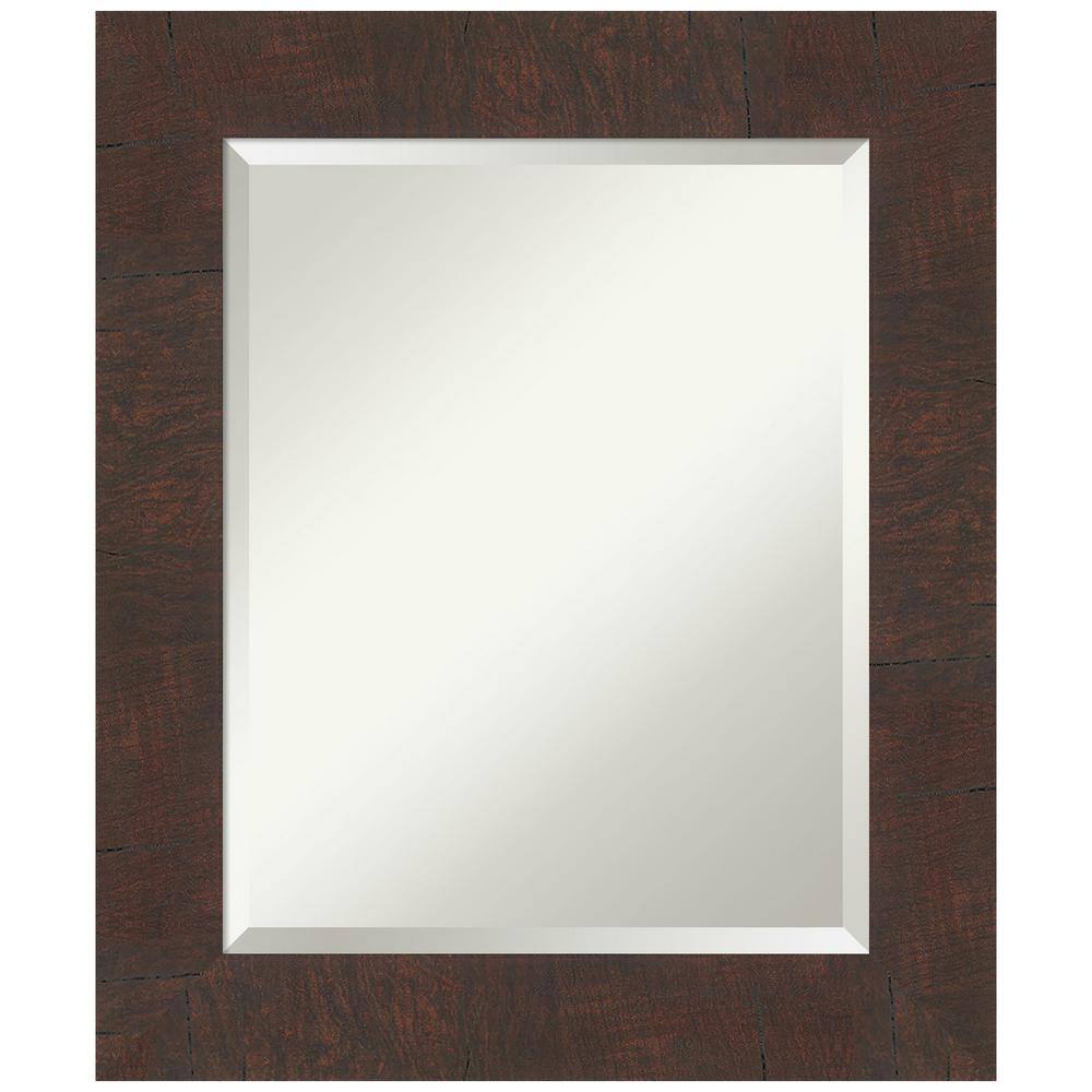 Woodgrain Walnut Brown Rectangular Bathroom Vanity Mirror with Silver Accents