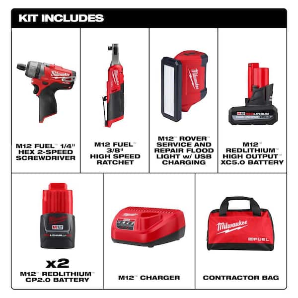 M12 12V Lithium-Ion Cordless Screwdriver Combo Kit, 3/8 in. High Speed Ratchet, Light, with Batteries (4-Tool)