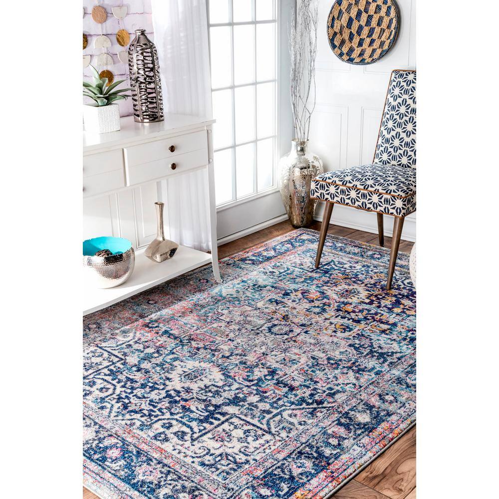 Blue Rectangular Vintage Medallion Synthetic Area Rug
