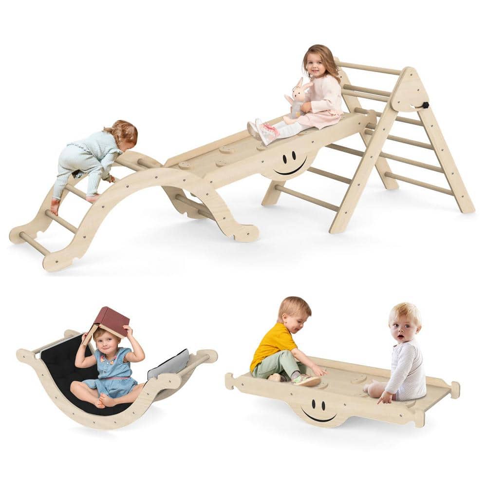 8-in-1 Wood Color Triangle Set with Soft Cushion, Foldable Toddler Climbing Toys with Ramp, Wooden Jungle Gym