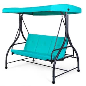3-Person Metal Outdoor Patio Swing Hammock with Adjustable Tilt Canopy and Turquoise Cushions