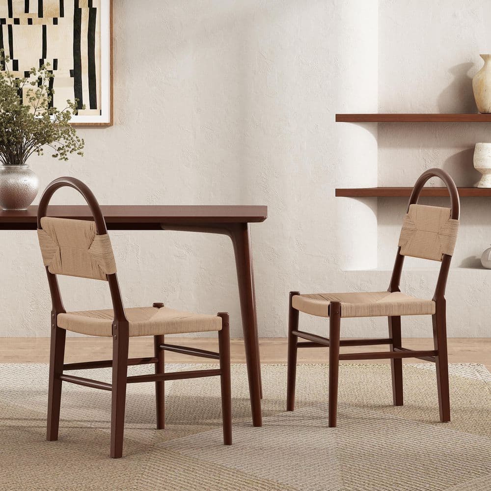 Modern Brown Rubber Wood Woven Dining Chair Armless Side Chair for