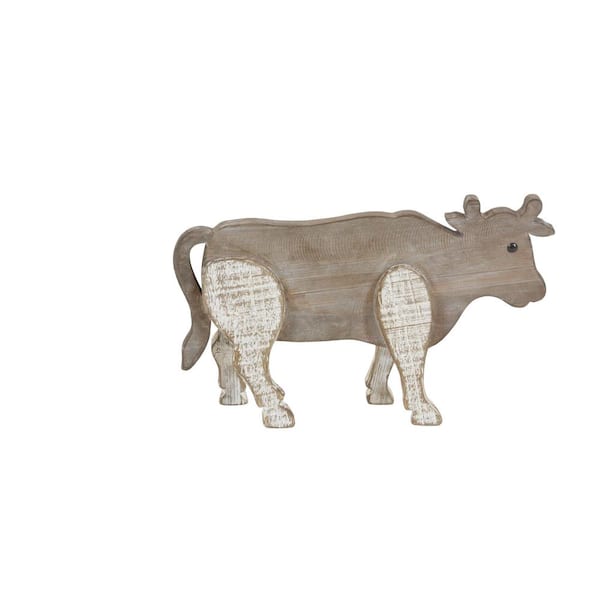 Litton Lane 10 in. x 16 in. Wooden Cow Sculpture in Light Brown