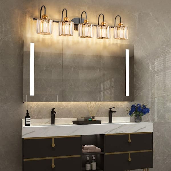 Avenlur 37.4 in. 5-Light Glam Black Gold Dimmable Linear Crystal Vanity Light Vintage Luxury Bathroom Lights Over Mirror