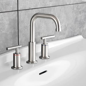 Modern 8 in. Widespread Double Handle 360° Swivel Spout Bathroom Faucet with Drain Kit Included in Brushed Nickel