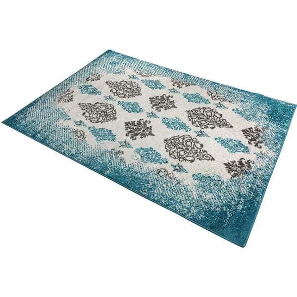 Designer Damask Turquoise 5 ft. x 7 ft. Classic Braided Modern Contemporary Polypropylene Rectangular Area Rug