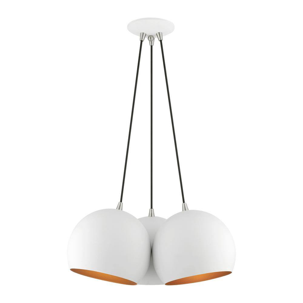 Piedmont 3-Light White Globe Pendant with Gold Interior & Brushed Nickel Accents