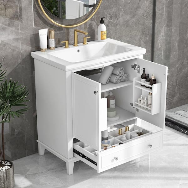 Magic Home 30 in. Functional Storage Wood Cabinet Freestanding White Bathroom Vanity with White Sink Combo, 2-Doors, 1-Drawer